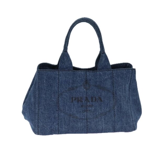 PRADA Canapa MM Hand Bag Denim Blue Gold Auth - Picture 1 of 16